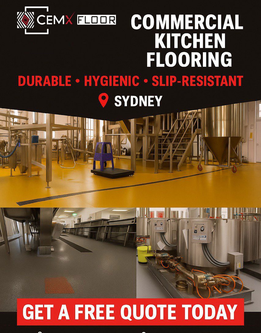 Seamless epoxy floor in a Sydney restaurant kitchen, shiny and clean
